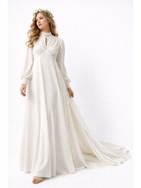 vintage 70s WHITE WEDDING DRESS bridal long sleeve bohemian ethereal hippie XS S